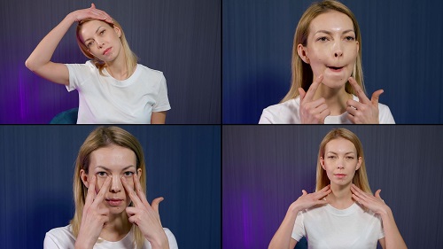 Woman doing face yoga exercises for her neck, eyes and jowls
